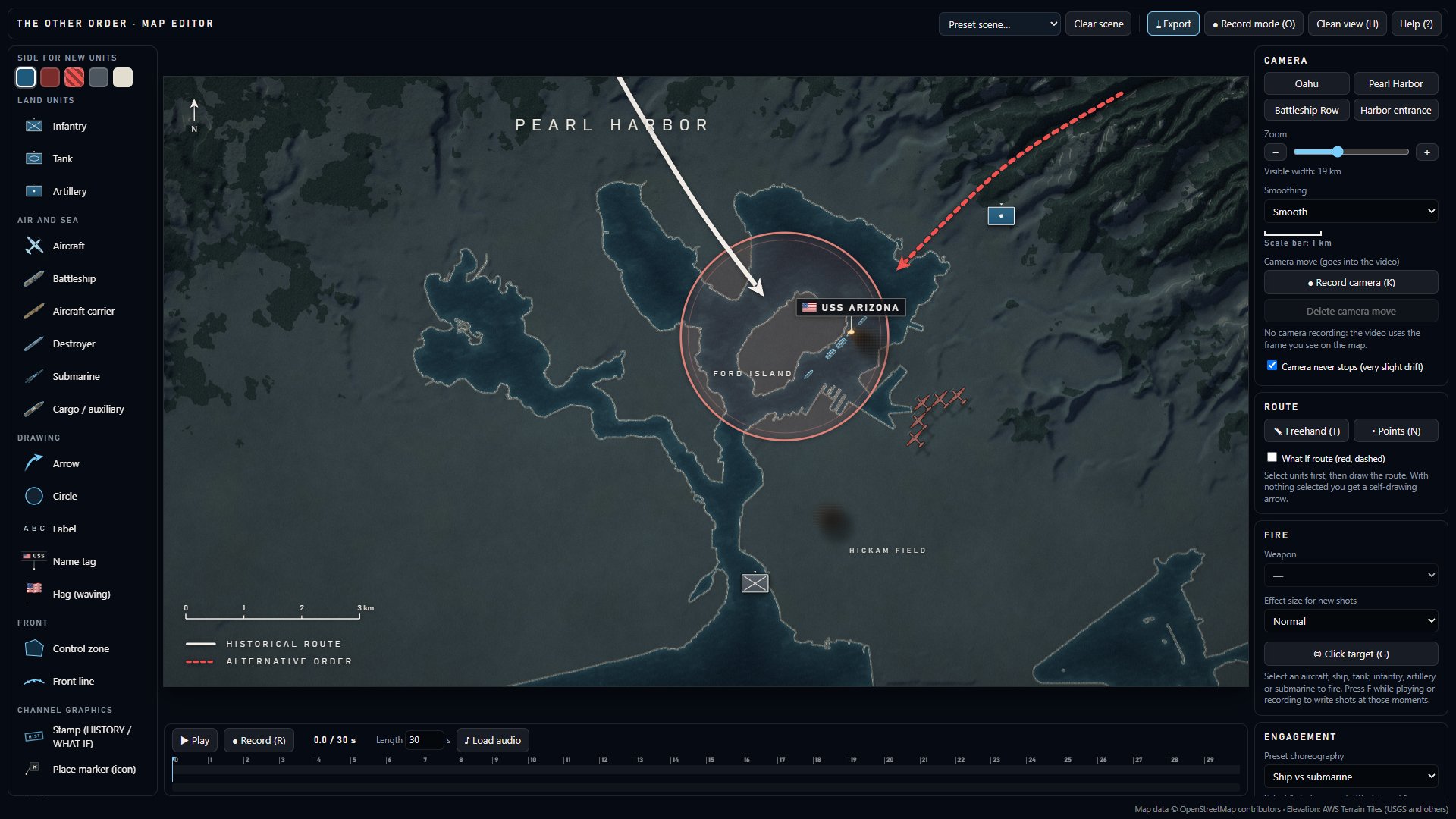 The Other Order Map Studio showing Pearl Harbor, with the unit palette on the left, camera, route and fire panels on the right, and a timeline below.